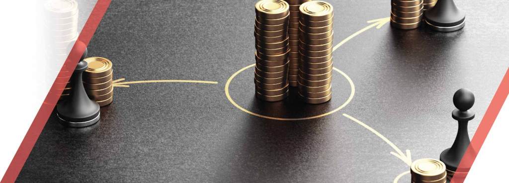 Chess pawns and stacked coins arranged on a dark surface with drawn arrows, symbolizing strategic financial or legal planning.