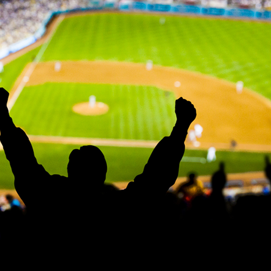 Silhouetted fans with raised arms cheer from stadium seats as a baseball game unfolds on the field below.